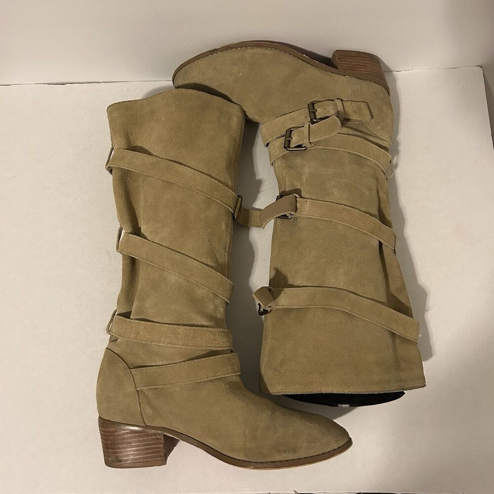 Twiggy London Women's Riding Boots Sz 7.5 Tan Suede Cowgirl Stacked Heel Strappy